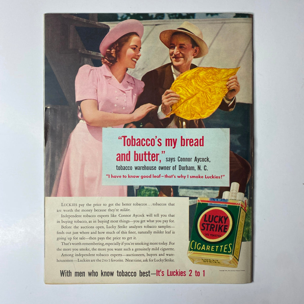 Vintage advertisement for Lucky Strike cigarettes from Look Magazine January 14, 1941, featuring a man and woman discussing tobacco.