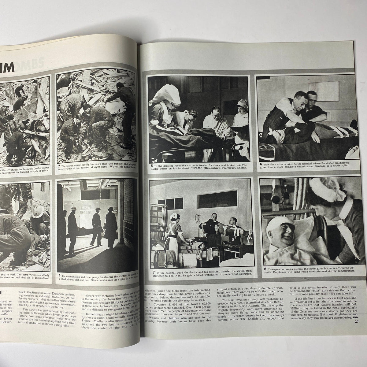 Photos depicting scenes of wartime from Look Magazine, April 8, 1941, showcasing historical images under the article 'The British People Under Fire'.
