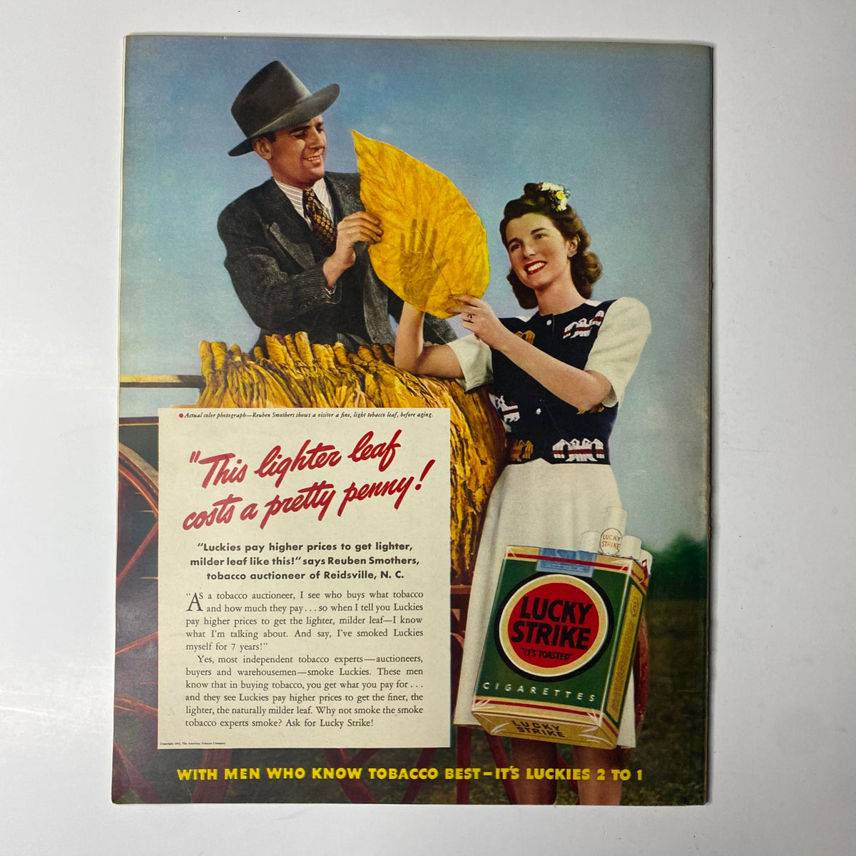 Ad from Look Magazine June 17, 1941 featuring a couple discussing tobacco, promoting Lucky Strike cigarettes.