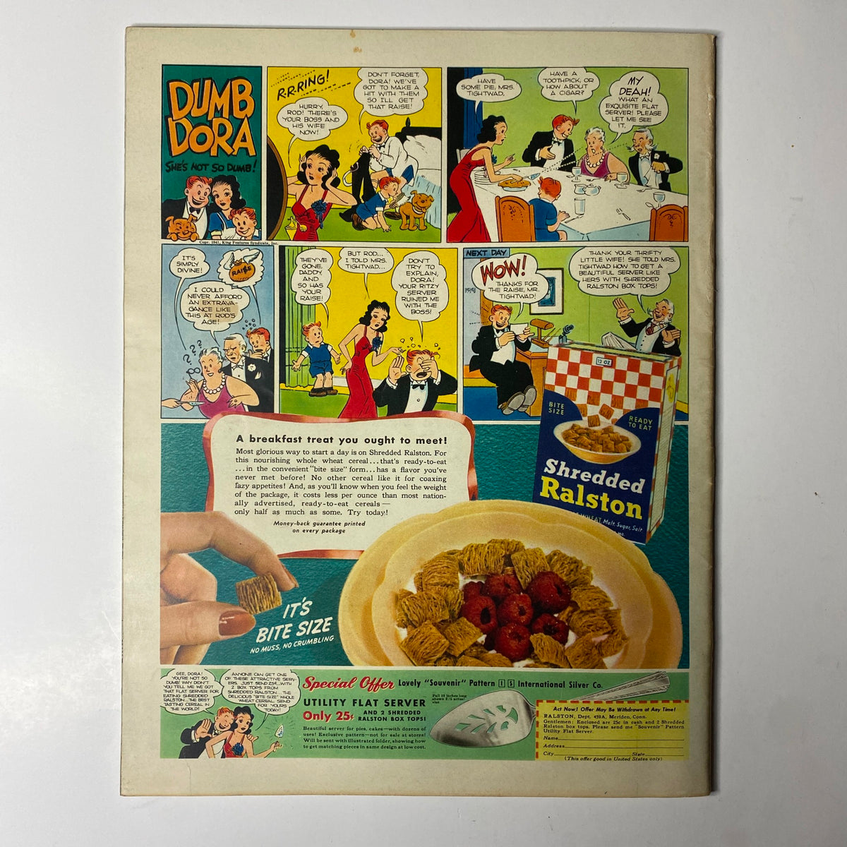 Back cover of Look Magazine July 1, 1941, featuring a colorful comic strip advertisement for Shredded Ralston cereal with the tagline 'A breakfast treat you ought to meet!'.