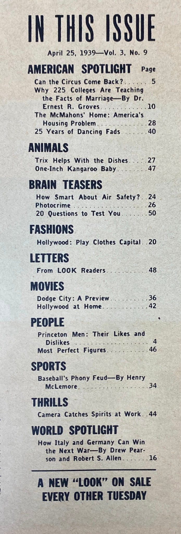 Table of contents from Look Magazine, Vol. 3, No. 9, dated April 25, 1939. Highlights various articles including 'Why 225 Colleges Are Teaching the Facts of Marriage' and 'How Italy and Germany Can Win the Next War'.