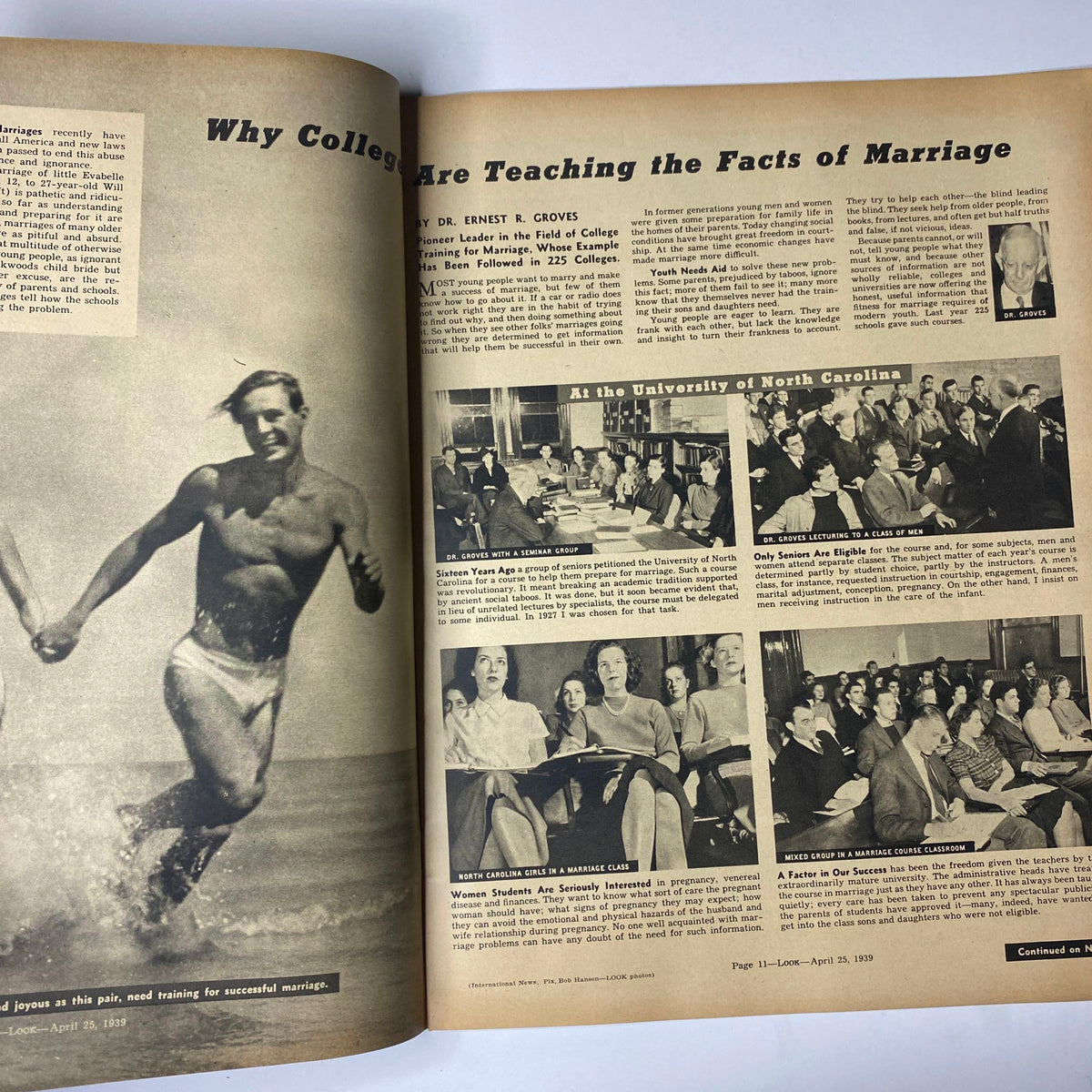 Image from Look Magazine, April 25, 1939 titled 'Why Colleges Are Teaching the Facts of Marriage,' featuring a photo of a young man running on the beach next to an article about marriage education in colleges.