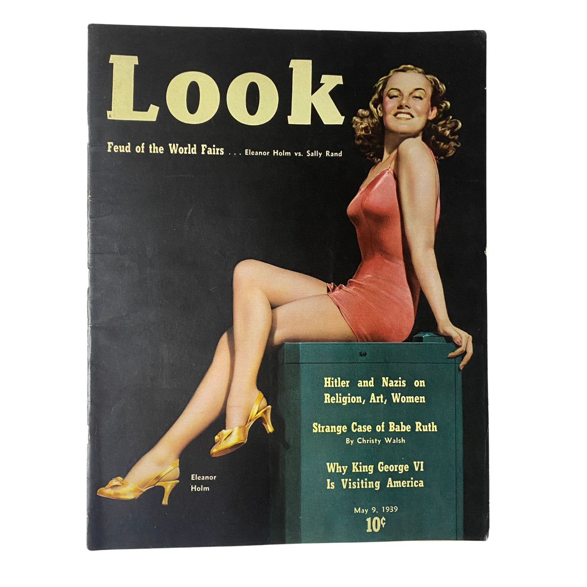 Look Magazine May 9, 1939 featuring Eleanor Holm on the cover in a pink dress with golden shoes, highlighting the feud between Eleanor Holm and Sally Rand, VG condition.