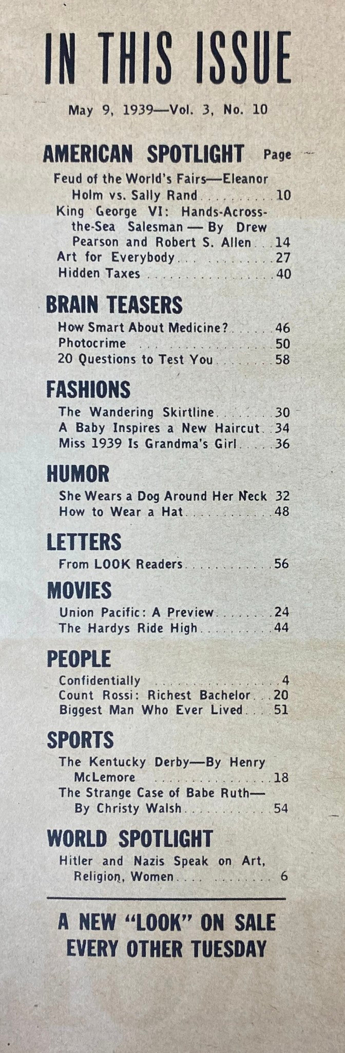 Table of contents for Look Magazine May 9, 1939, detailing featured articles such as 'Feud of the World’s Fairs,' 'King George VI,' and more.