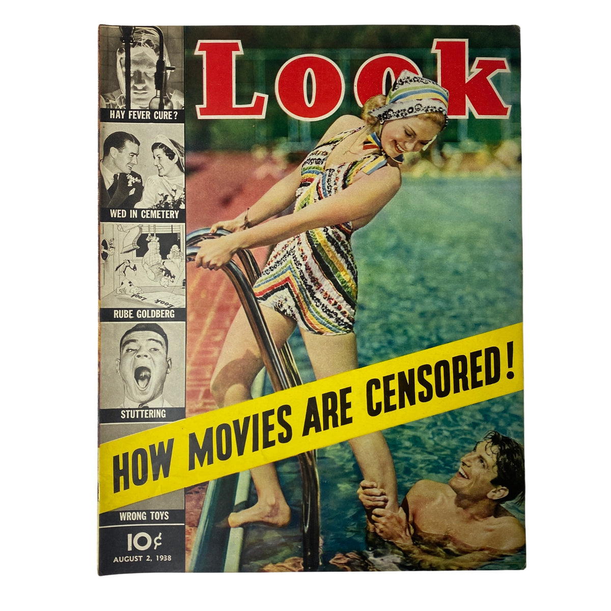 Look Magazine cover from August 2, 1938 featuring the headline 'How Movies Are Censored' with a vibrant image of a woman in a swimsuit by the poolside.