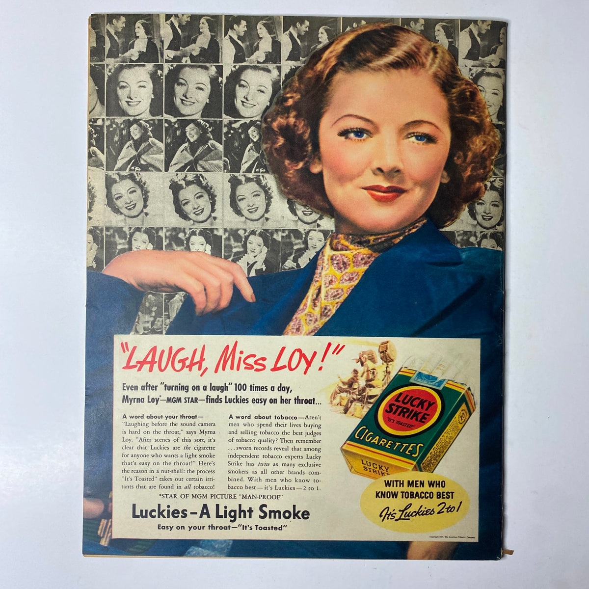 Vintage advertisement from Look Magazine January 4, 1938 for Lucky Strike cigarettes, showcasing actress with the tagline 'Laugh, Miss Loy!' highlighting its connection to Hollywood celebrities.
