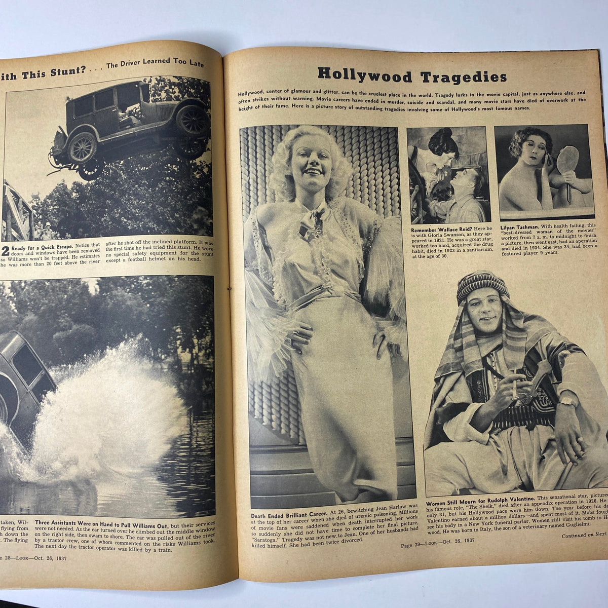 Interior page from Look Magazine, October 26, 1937 featuring a segment on Hollywood tragedies with photographs of glamorous movie stars, showcasing the glamorous yet tragic side of early Hollywood.