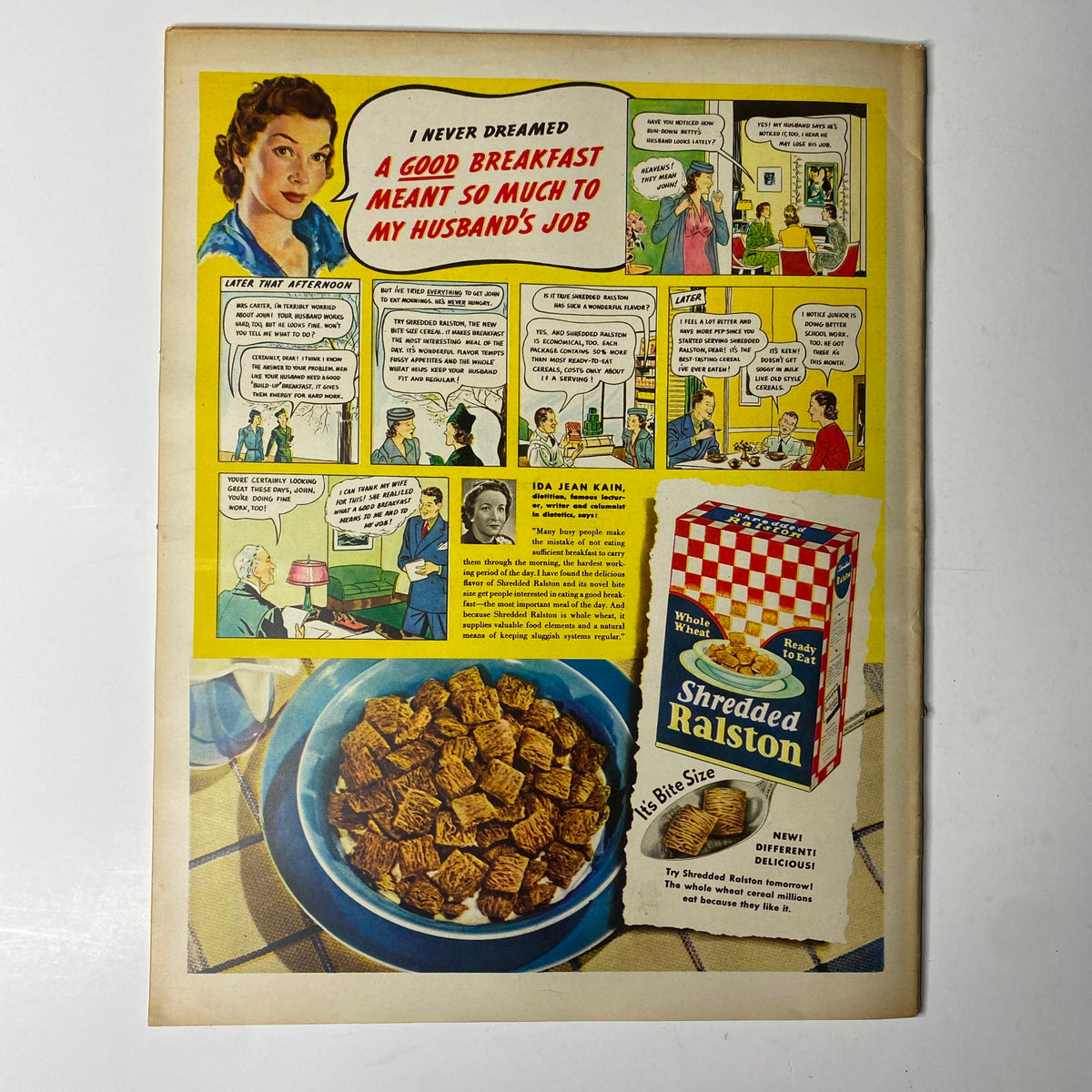 Advertisement for Shredded Ralston cereal from Look Magazine April 11, 1939, featuring a colorful depiction of a breakfast scene with a woman discussing the impact of a good breakfast on her husband's job.