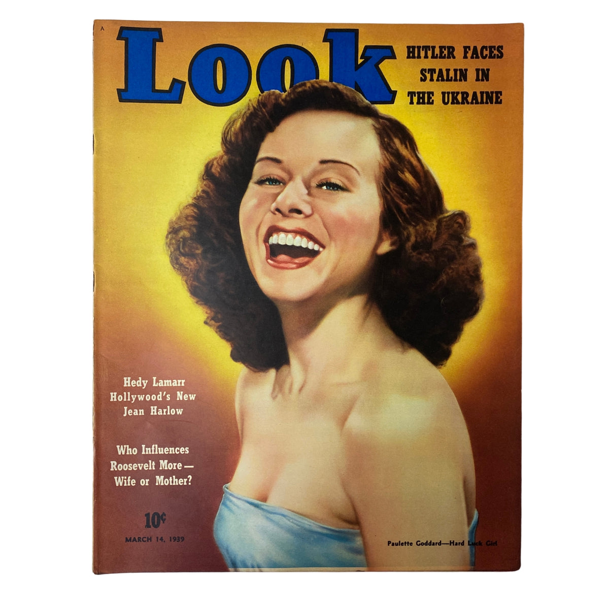 Cover of Look Magazine from March 14, 1939 featuring Paulette Goddard, showcasing her smiling expression, with bold headlines about Hitler and Stalin. Title: Look Magazine March 14, 1939 Paulette Goddard Cover No Label VG.