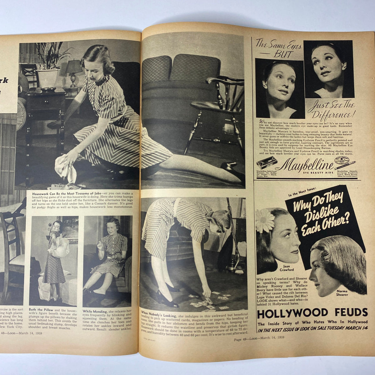 Interior pages of Look Magazine March 14, 1939 featuring Paulette Goddard cover article and vintage advertisements.