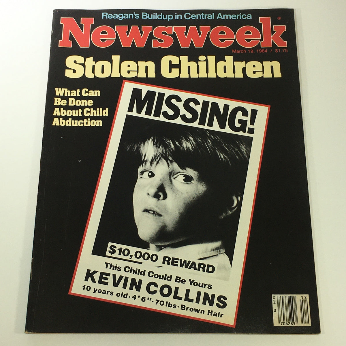 VTG Newsweek Magazine March 19 1984 featuring a cover story on missing child Kevin Collins. The magazine highlights child abduction issues with a poignant image of a young boy and a $10,000 reward notice.