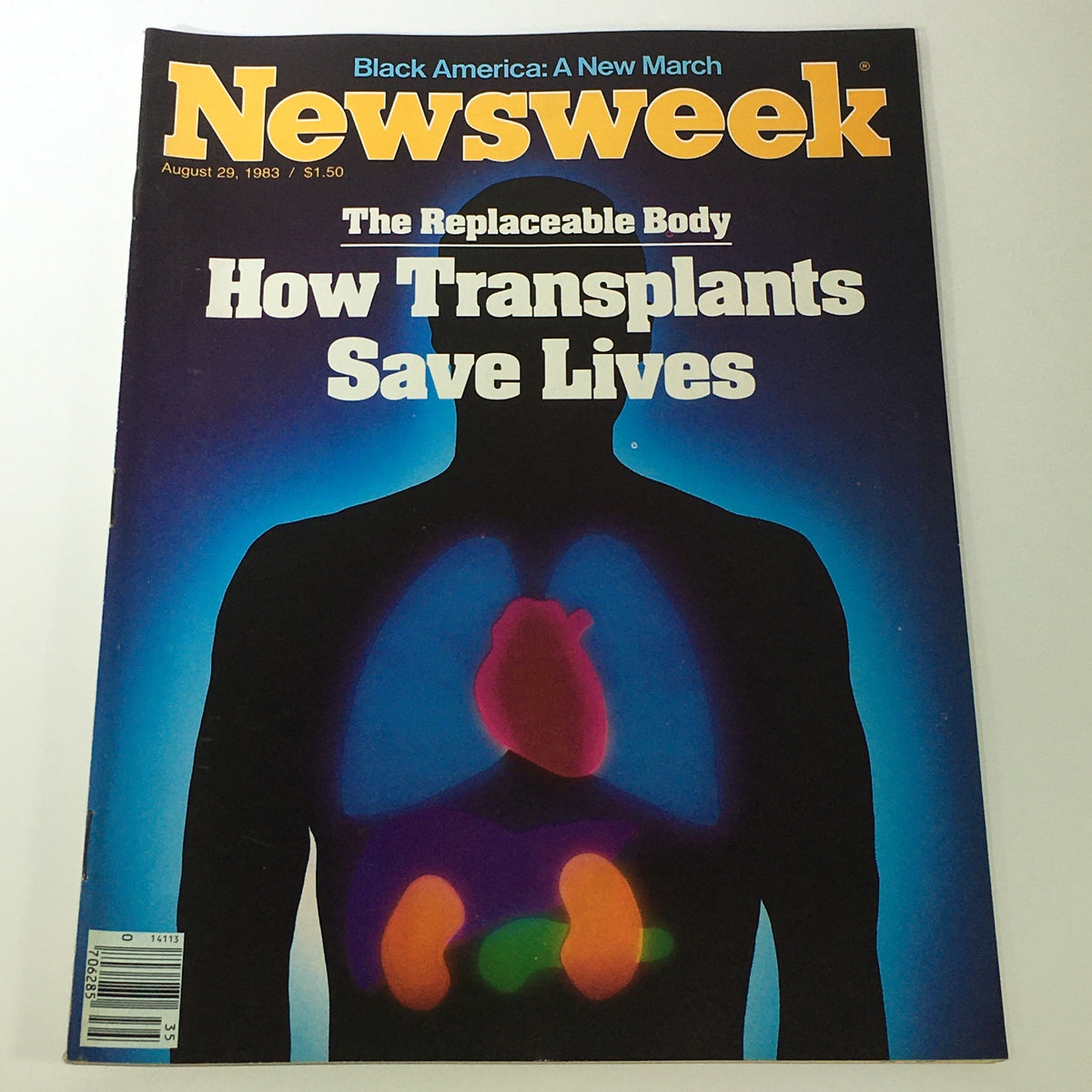 Vintage Newsweek Magazine cover from August 29, 1983, titled 'How Transplants Save Lives', featuring a silhouette of a human body with highlighted organs, emphasizing medical advancements in organ transplants.
