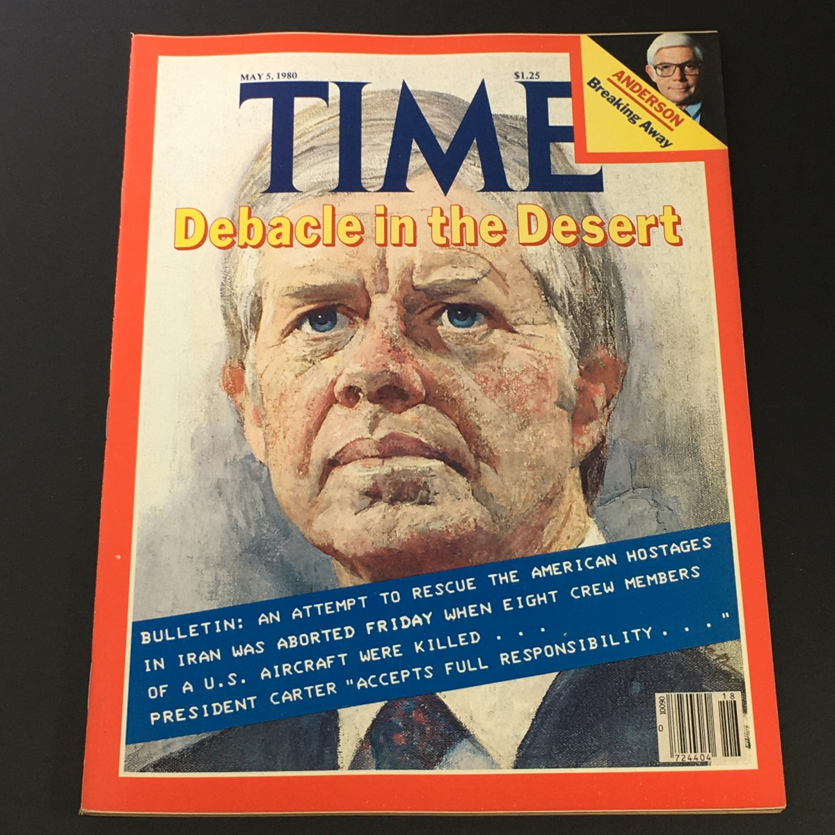 Vintage Time Magazine May 5 1980 featuring President Jimmy Carter on the cover with the headline 'Debacle in the Desert.' This collectible magazine reflects historical events during the Carter presidency.