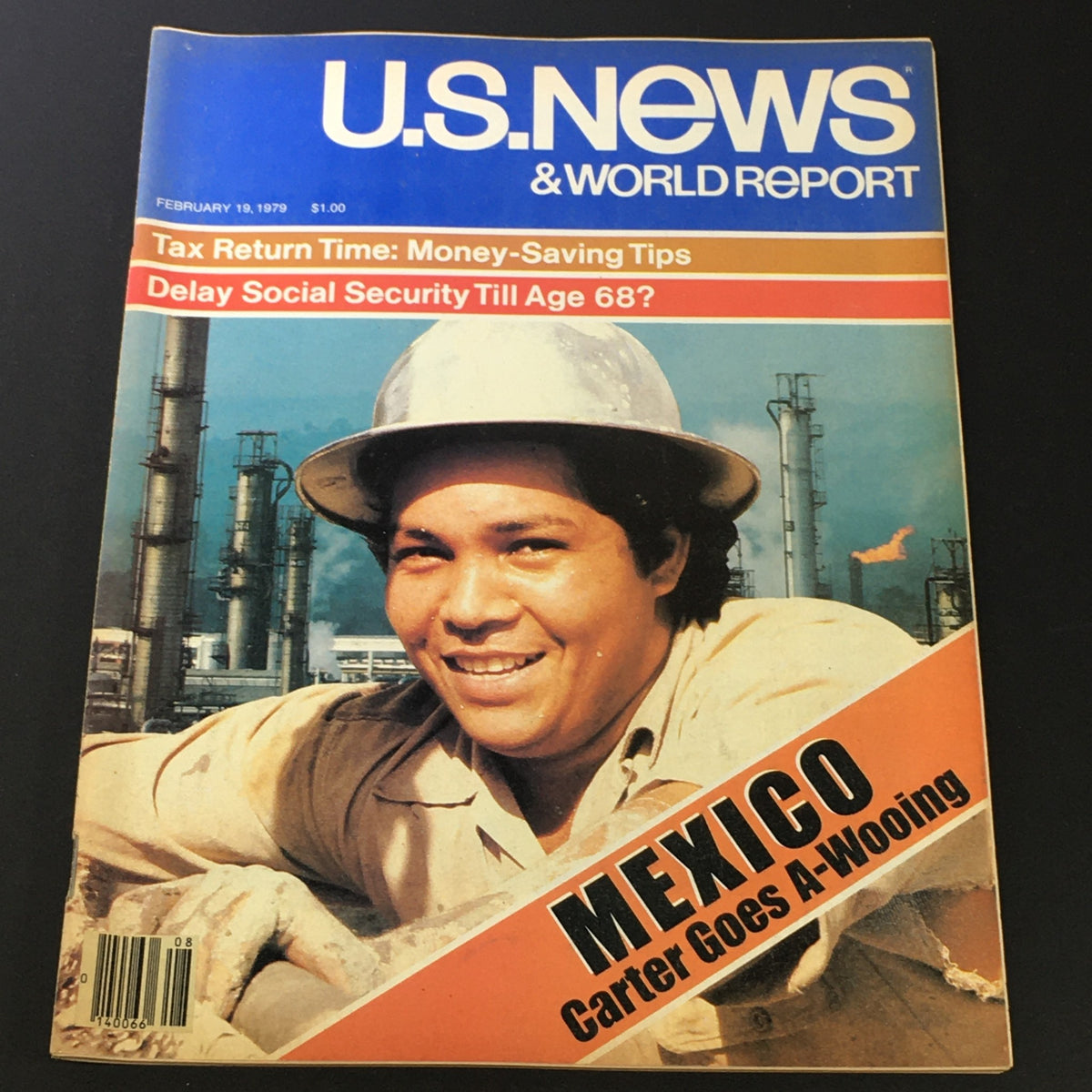 Vintage US News & World Report magazine dated February 19, 1979, featuring an article on Jimmy Carter titled 'Carter Goes A-Wooing' with a smiling young man in a hard hat on the cover, set against an industrial background.