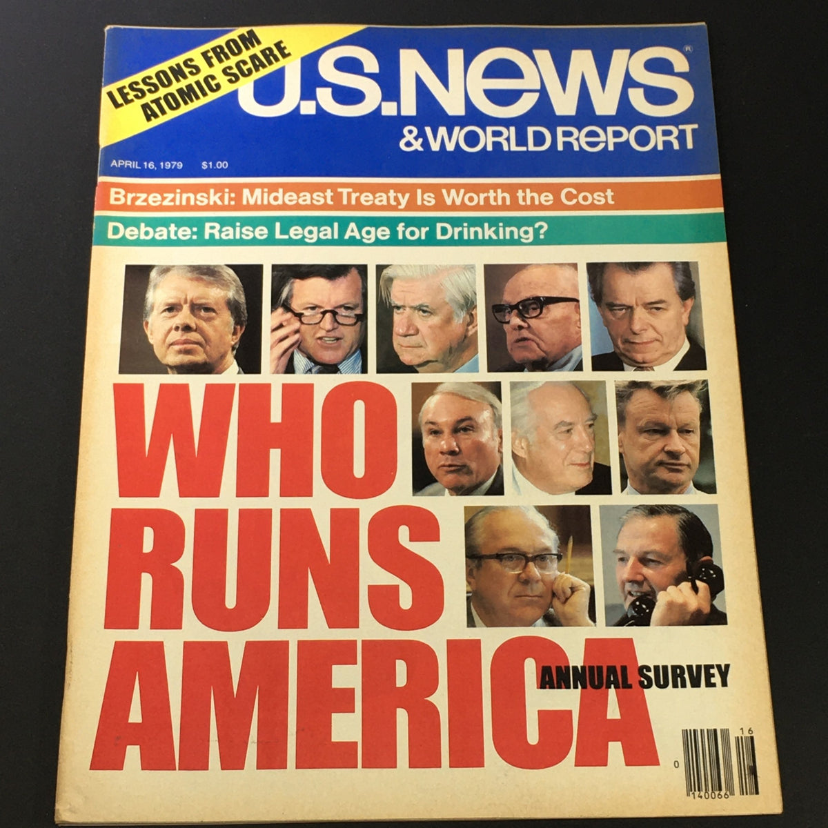 Vintage US News & World Report magazine from April 16, 1979, featuring Jimmy Carter on the cover with bold text 'WHO RUNS AMERICA' and various political figures. A significant collectible for history enthusiasts.