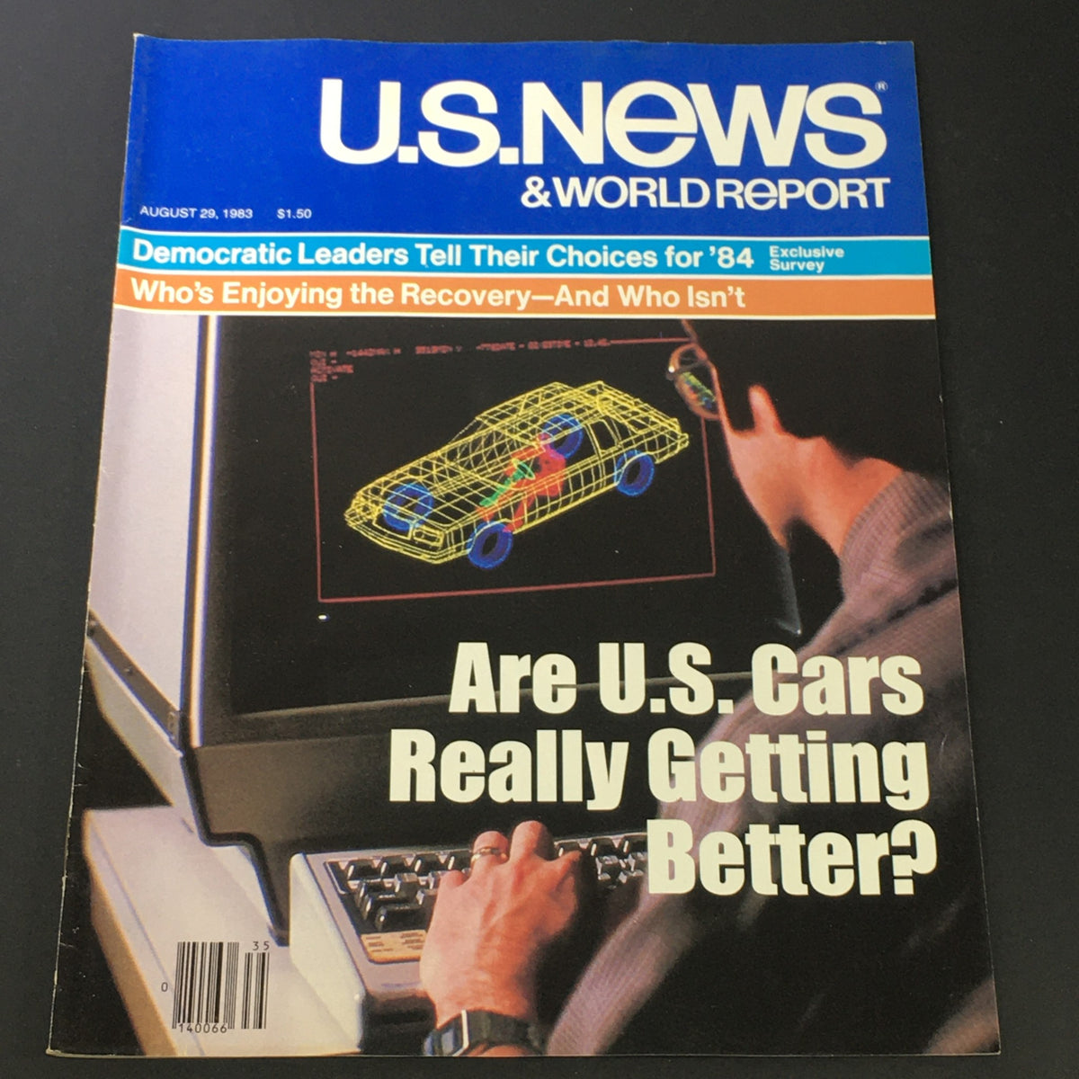 Cover of the vintage US News & World Report magazine dated August 29, 1983, featuring the headline 'Are U.S. Cars Really Getting Better?' with a graphical representation of a car and a person working on a computer.