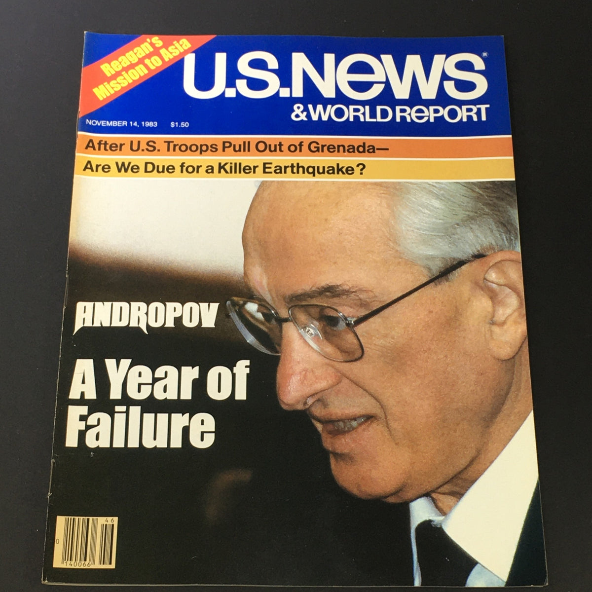 Cover of the VTG US News & World Report Magazine from November 14, 1983 featuring Yuri Andropov with the headline 'A Year of Failure' and additional news topics including U.S. troops and environmental concerns.