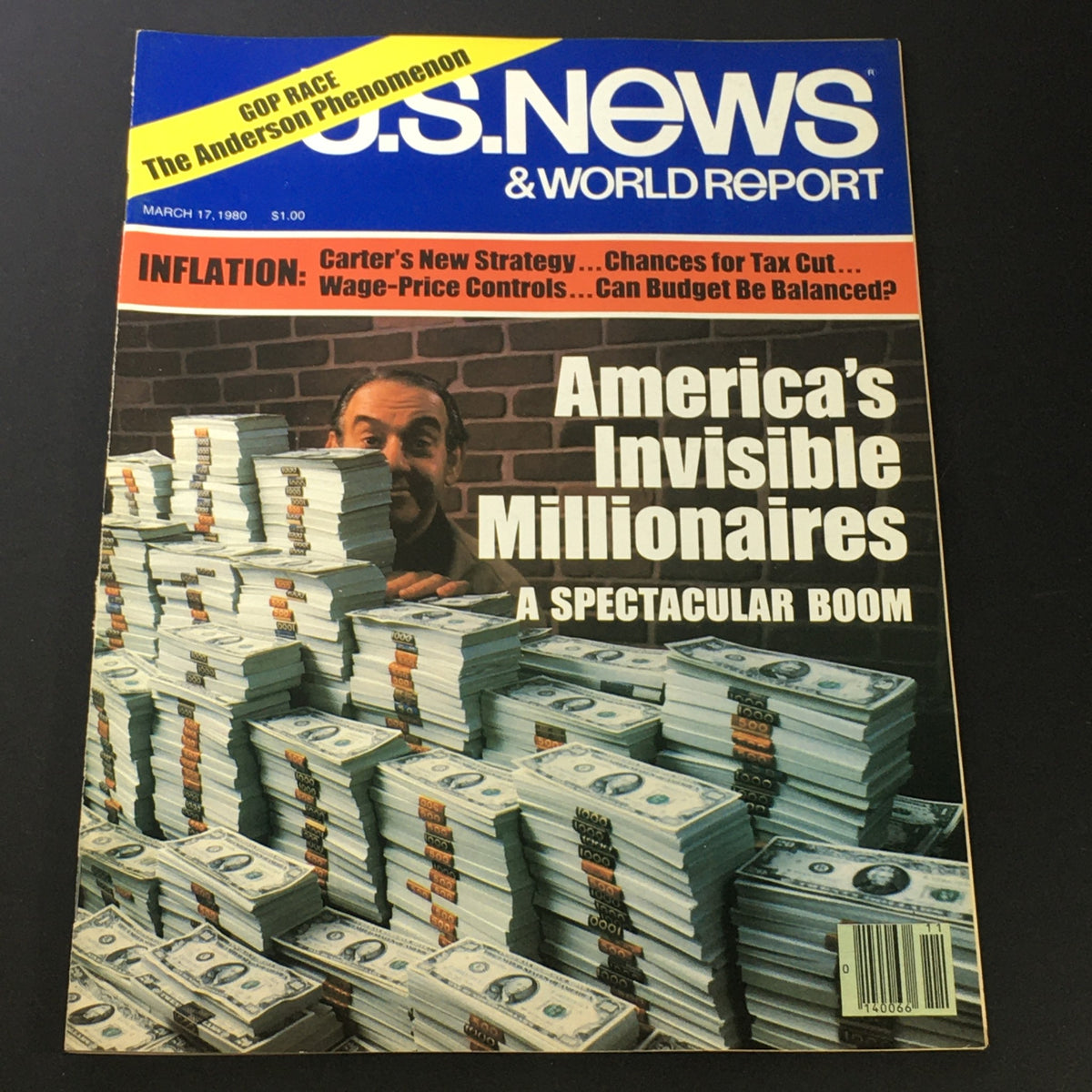 Cover of US News & World Report Magazine dated March 17, 1980, featuring the headline 'America's Invisible Millionaires' with an image of stacks of cash and a man smiling, exploring wealth and economic themes of the time.
