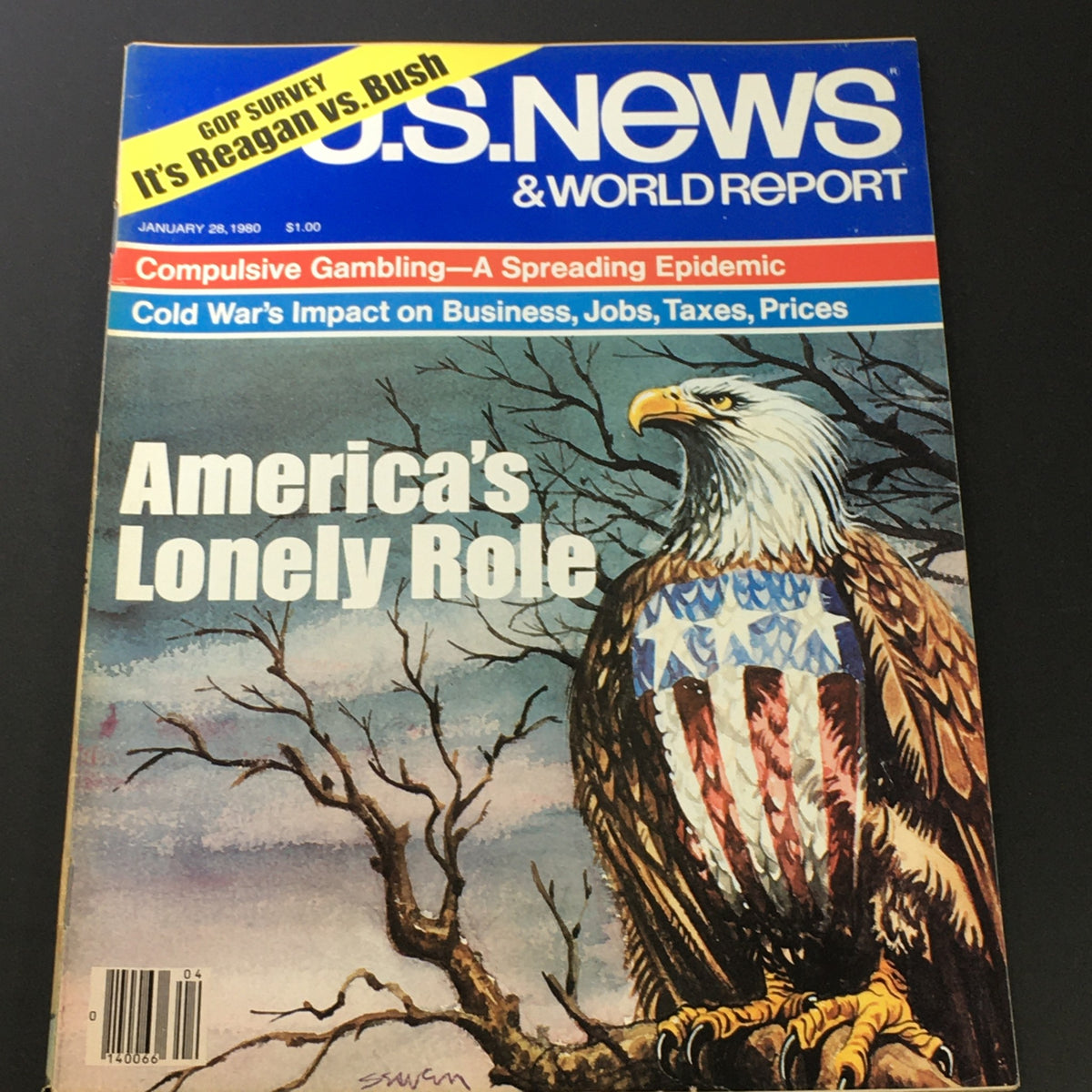 Cover of US News & World Report magazine from January 28, 1980, featuring the headline 'America's Lonely Role' and a striking illustration of a bald eagle with American flag colors.