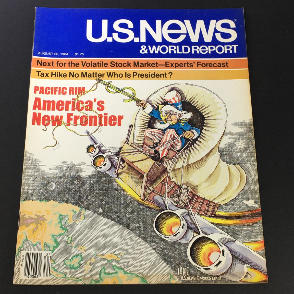 Cover of US News & World Report Magazine from August 20, 1984, featuring an illustration of Uncle Sam on a futuristic contraption with the headline "America's New Frontier".