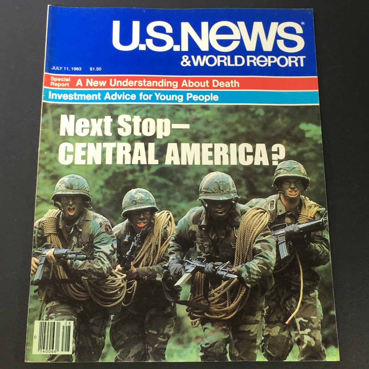 Cover of the vintage US News & World Report magazine from July 11, 1983, featuring the headline 'Next Stop - Central America?' with soldiers in camouflage gear and military equipment.