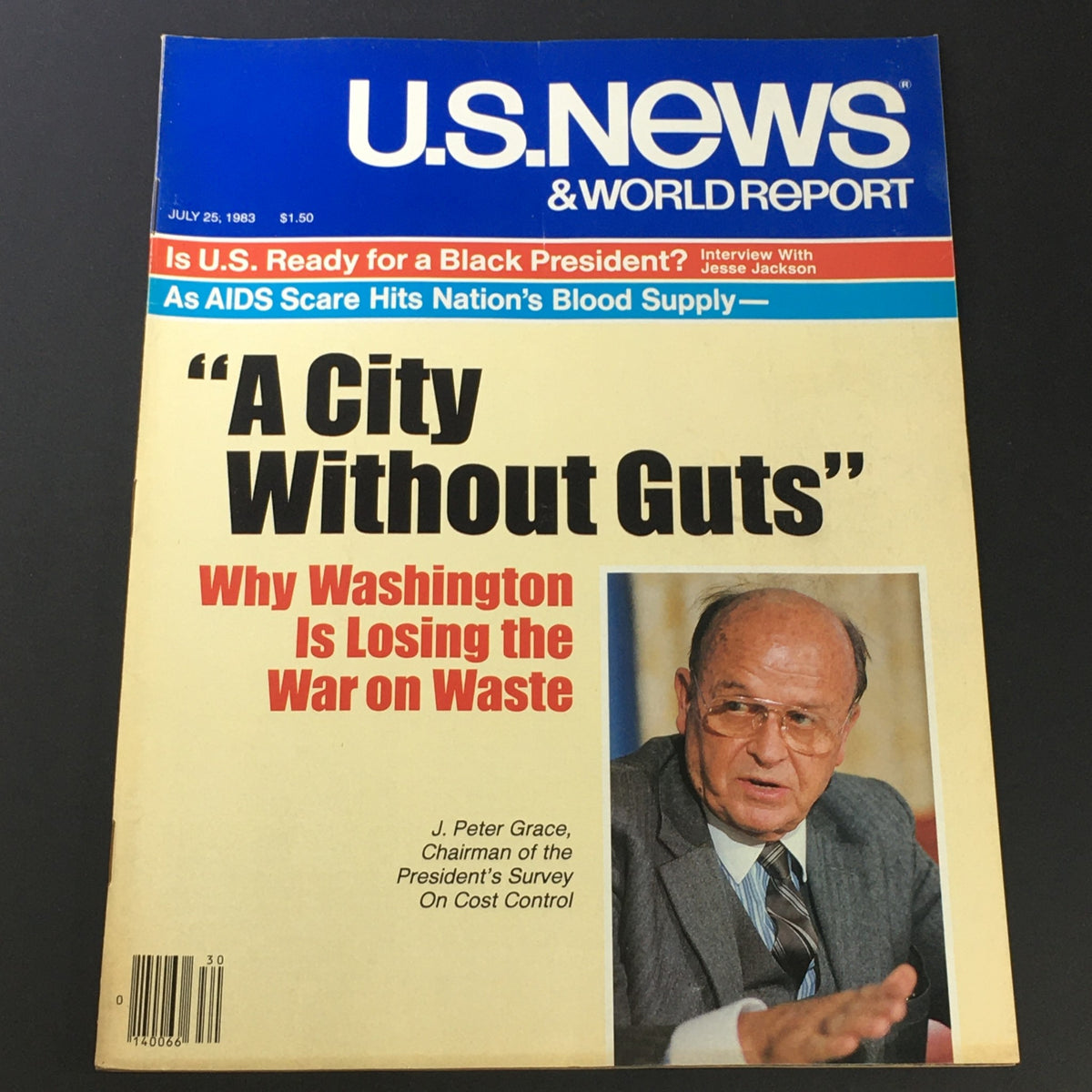 Vintage U.S. News & World Report magazine from July 25, 1983, featuring the title 'A City Without Guts' and an article on Washington's waste management issues. The cover highlights Chairman J. Peter Grace and includes supplementary topics like an interview with Jesse Jackson and the AIDS scare's impact on blood supply.