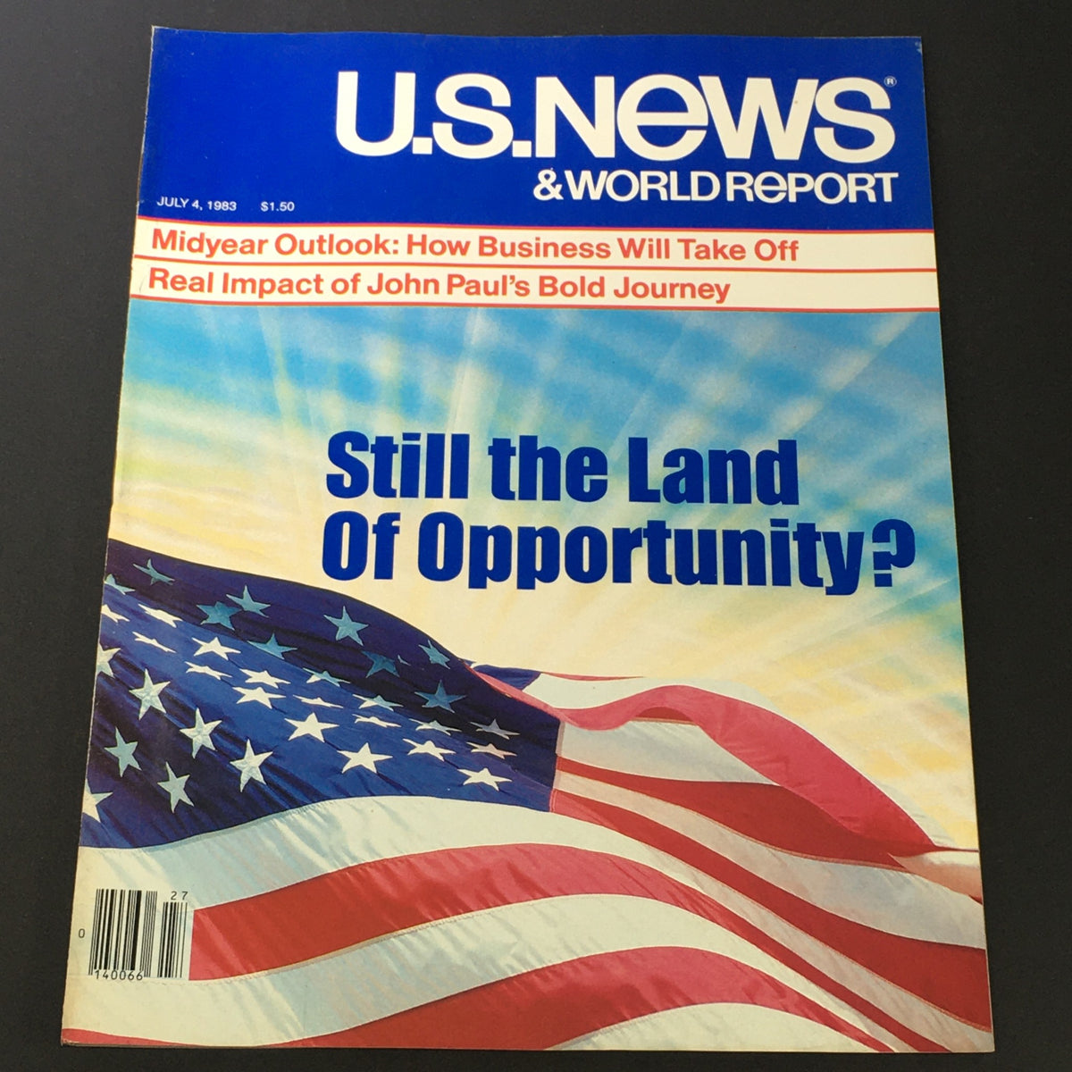 Cover of VTG US News & World Report Magazine July 4 1983, featuring the question 'Still the Land of Opportunity?' against a backdrop of an American flag and blue sky.