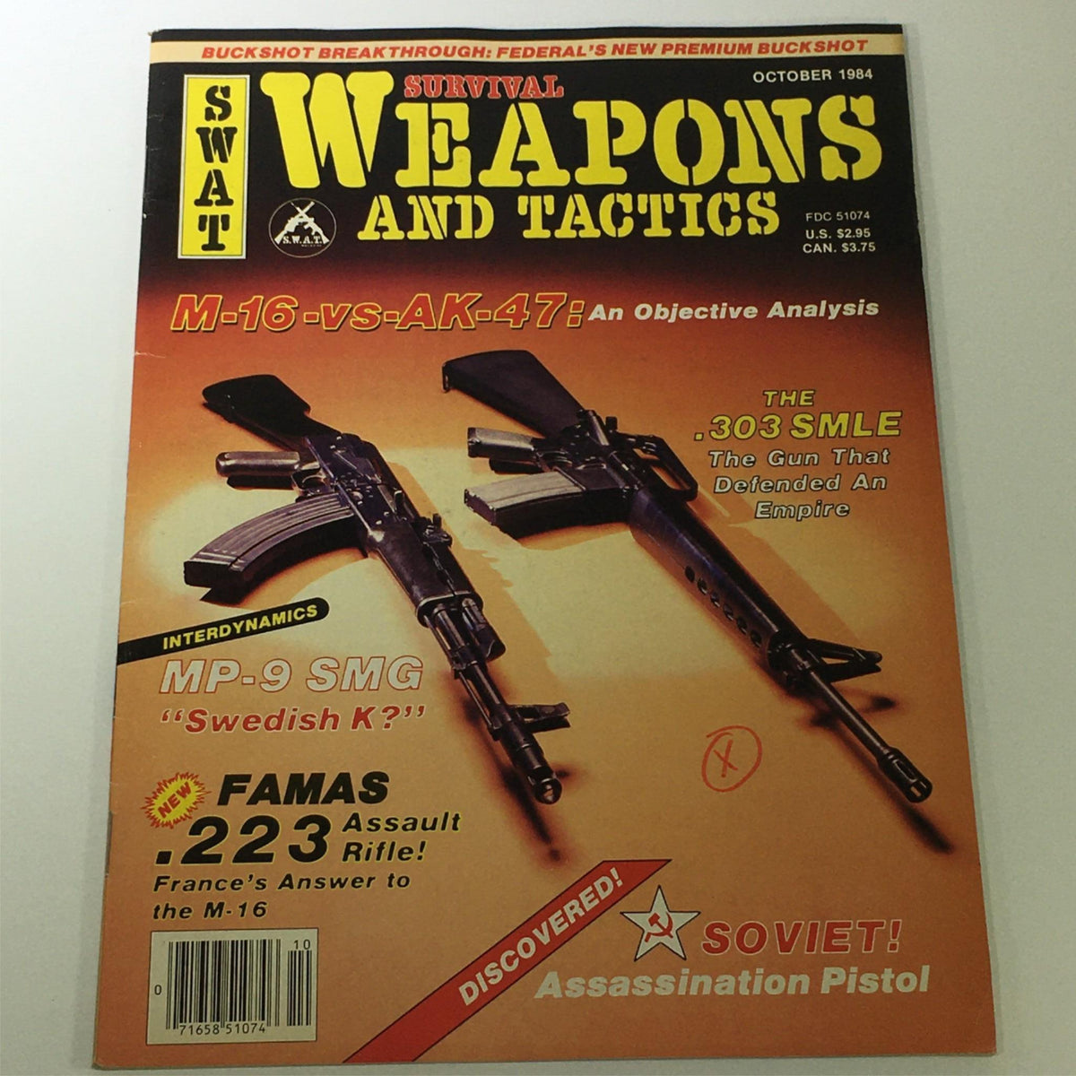 Cover of VTG SWAT Survival Weapons & Tactics Magazine October 1984 featuring an analysis of the M-16 and AK-47, highlighting the Soviet assassination pistol. The magazine showcases images of iconic firearms and tactical discussions from the 1980s.