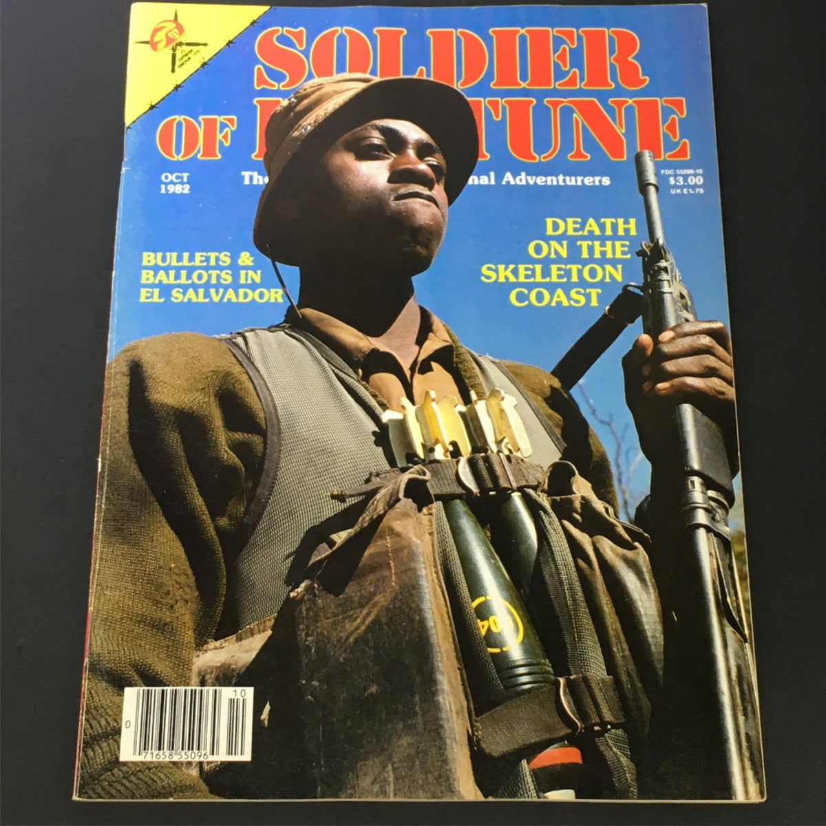 Cover of the Soldier of Fortune Magazine from October 1982 featuring the article 'Death on the Skeleton Coast' and a soldier holding a rifle, showcasing military themes and adventure.