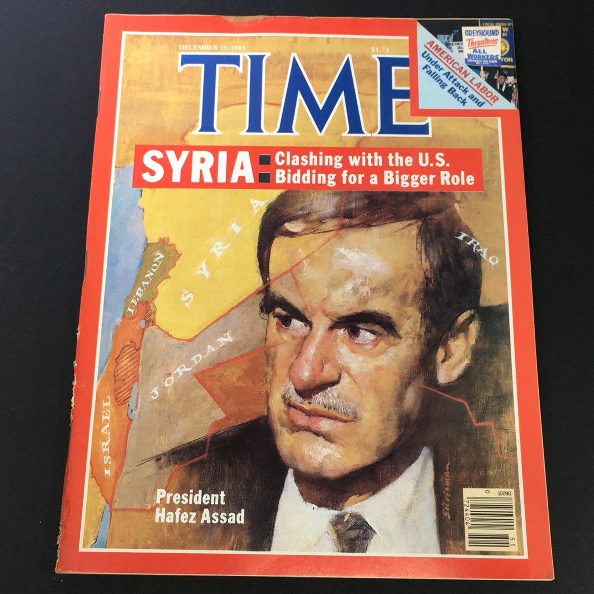 Cover of Time Magazine from December 19, 1983 featuring President Hafez Assad of Syria, showcasing the title 'Syria: Clashing with the U.S.' with a map in the background.