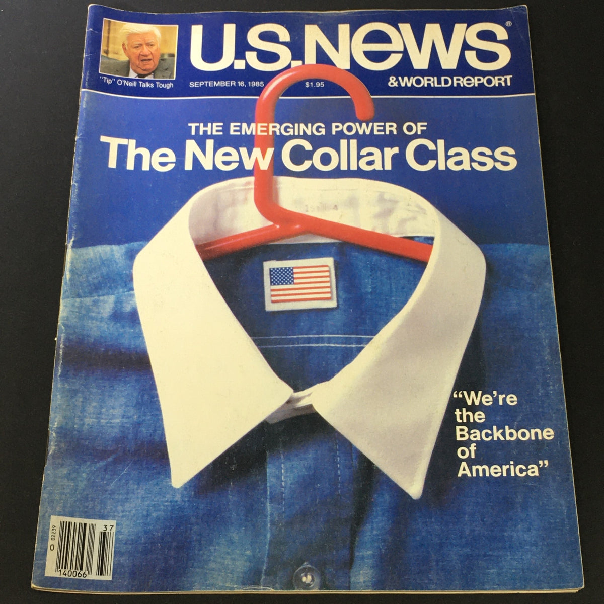 Cover of VTG US News & World Report Magazine September 16 1985 featuring the title 'The Emerging Power of the New Collar Class' with a blue shirt and red hanger.