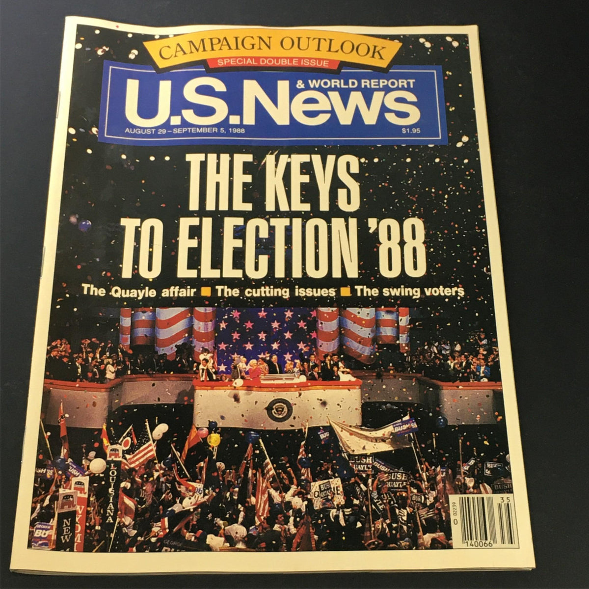 Cover of US News & World Report magazine from August 29 to September 5, 1988, featuring the title 'The Keys to Election '88' with a backdrop of a political rally celebrating the presidential election.