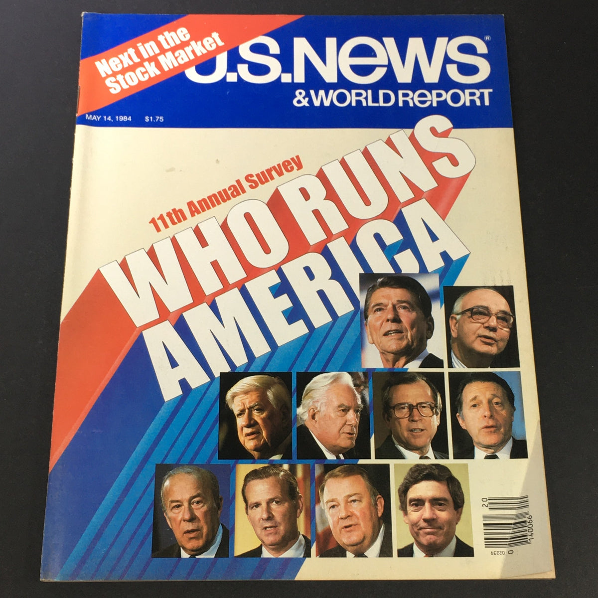 Vintage US News & World Report Magazine from May 14, 1984 featuring the title 'WHO RUNS AMERICA?' with portraits of notable political figures. This collectible 11th Annual Survey edition offers insights into the socio-political landscape of the 1980s.
