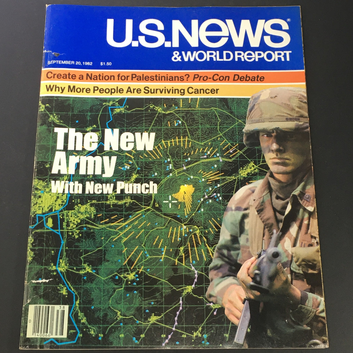 Cover of VTG US News & World Report Magazine from September 20, 1982, featuring the title 'The New Army With New Punch' with a soldier in camouflage and a background of military strategy maps.