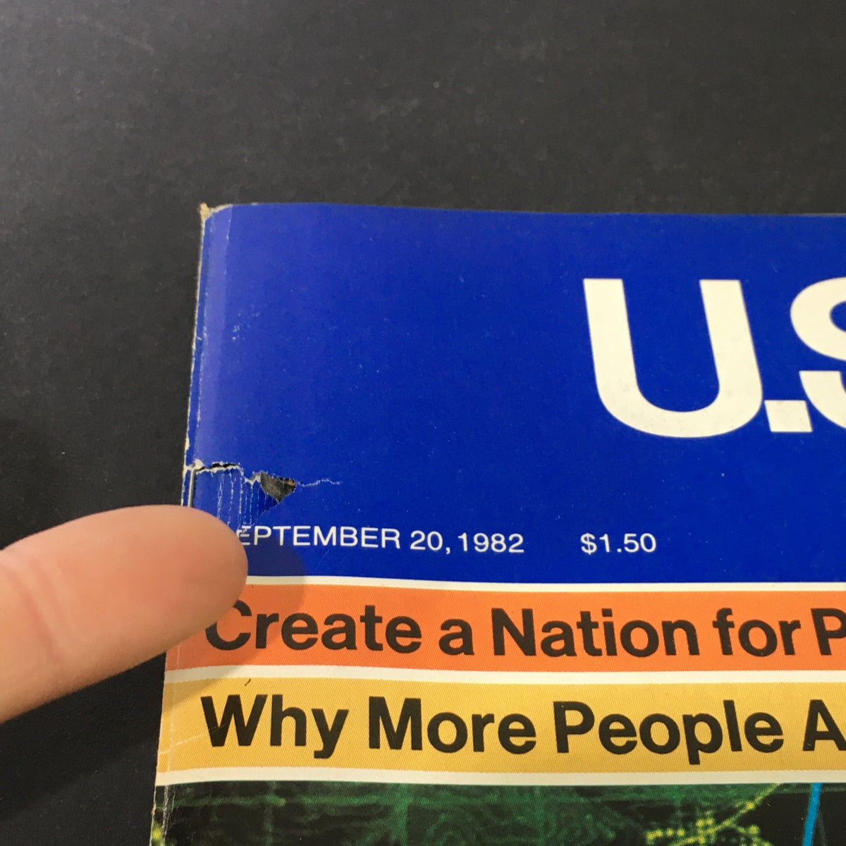 Close-up of the top corner of VTG US News & World Report Magazine dated September 20, 1982, showing the date and price alongside an adjacent article title.