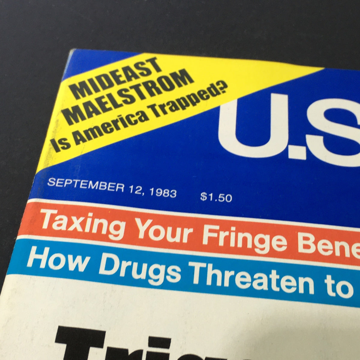 Close-up of the cover of the VTG US News & World Report Magazine September 12, 1983, showcasing headlines including 'Mideast Maelstrom? Is America Trapped?' and 'Taxing Your Fringe Benefits'.