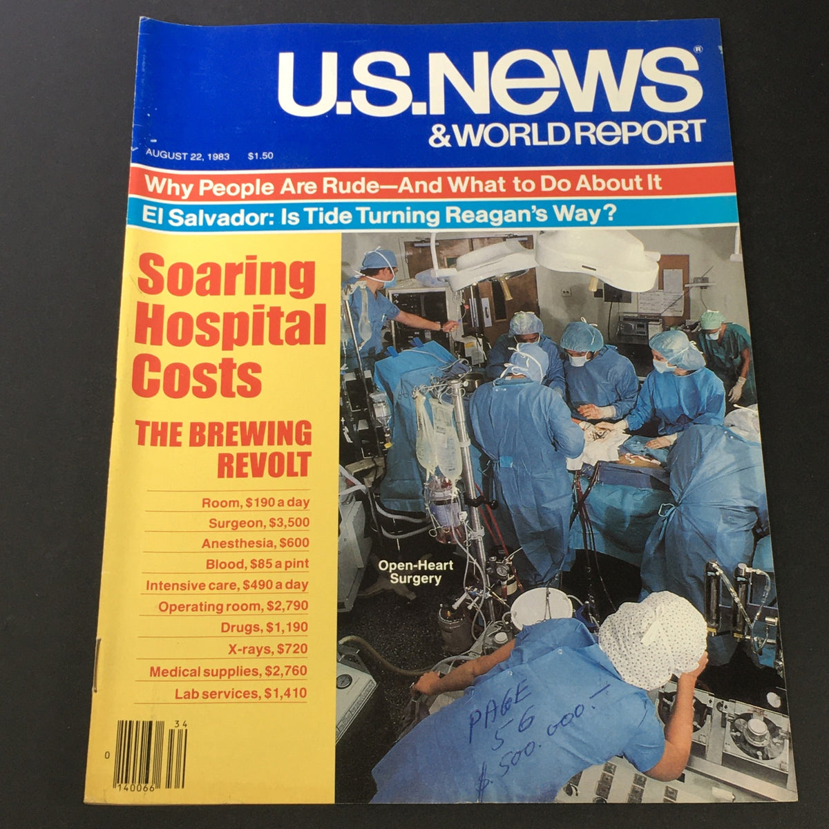 Cover of VTG US News & World Report Magazine from August 22, 1983, featuring a headline on Soaring Hospital Costs and an image of surgical activity in an operating room.