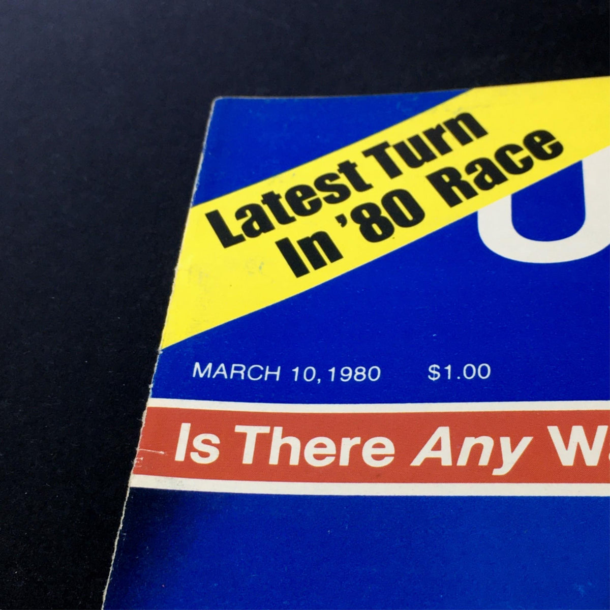 Close-up of the Vintage US News & World Report magazine from March 10, 1980, highlighting the publication date and the phrase 'Latest Turn In '80 Race' in prominent bold letters.