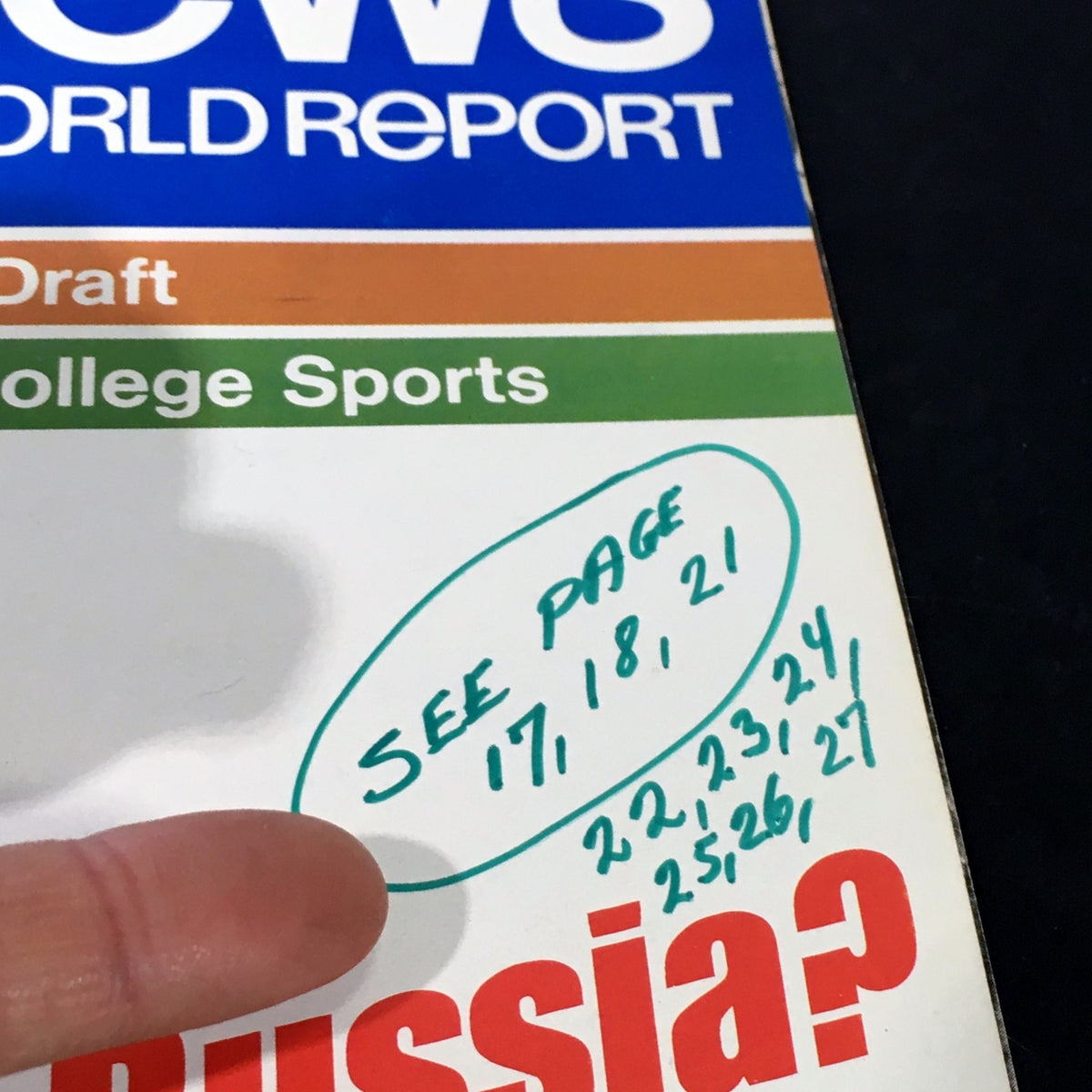 Detail of the VTG US News & World Report Magazine February 11, 1980 cover showing handwritten notes to see pages 17, 18, and 21.