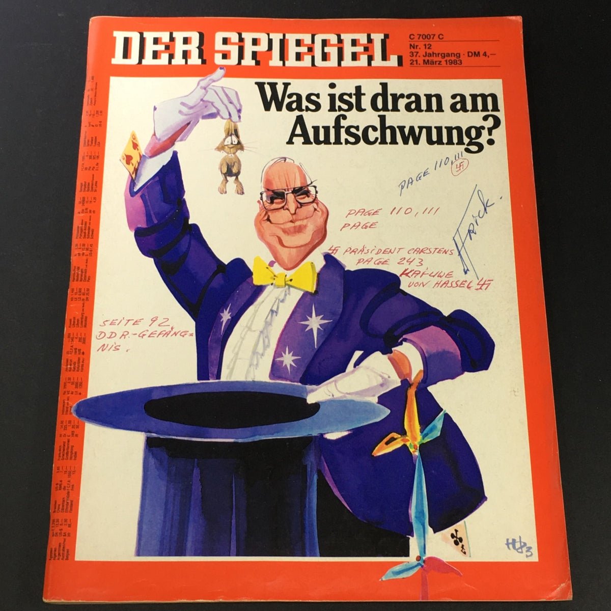 Cover of VTG Der Spiegel Magazine March 21, 1983, featuring a caricature of a magician holding a rabbit and the title 'Was ist dran am Aufschwung?'. The cover is vibrant with annotated page references.