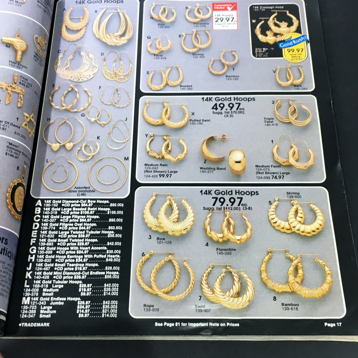 VTG Consumers Catalog Showroom 1987 Spring & Summer Supplement displaying jewelry items, specifically various styles of 14K gold hoops available for purchase.