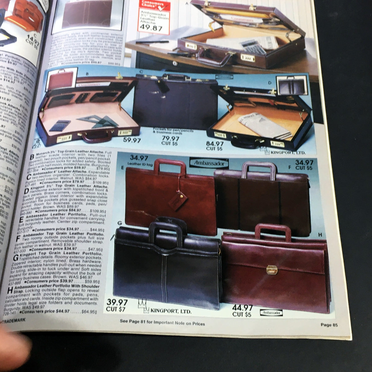 Image of leather briefcases and attaché cases in the VTG Consumers Catalog Showroom 1987 Spring & Summer Supplement, highlighting stylish and functional options.