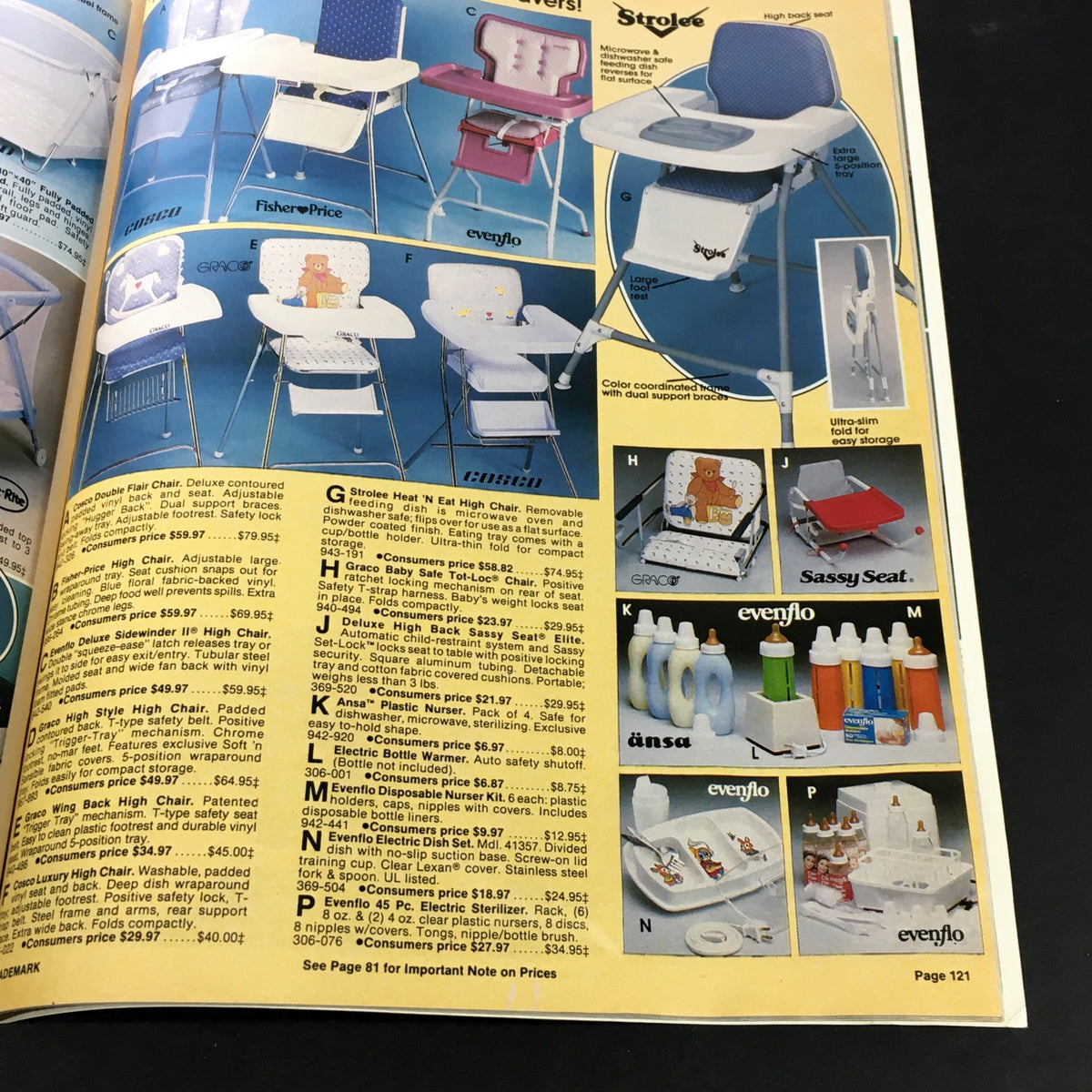 Image of high chairs and baby products featured in the VTG Consumers Catalog Showroom 1987 Spring & Summer Supplement, showcasing family-friendly items.