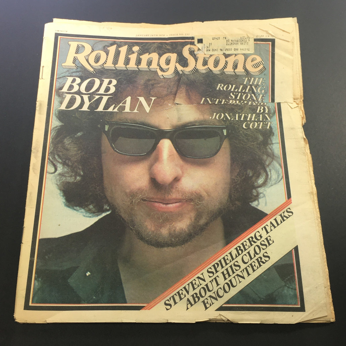 Cover of Vintage Rolling Stone Magazine from January 26, 1978, featuring Bob Dylan and Steven Spielberg. This issue includes the Rolling Stone interview by Jonathan Cott, encapsulating music and film history.