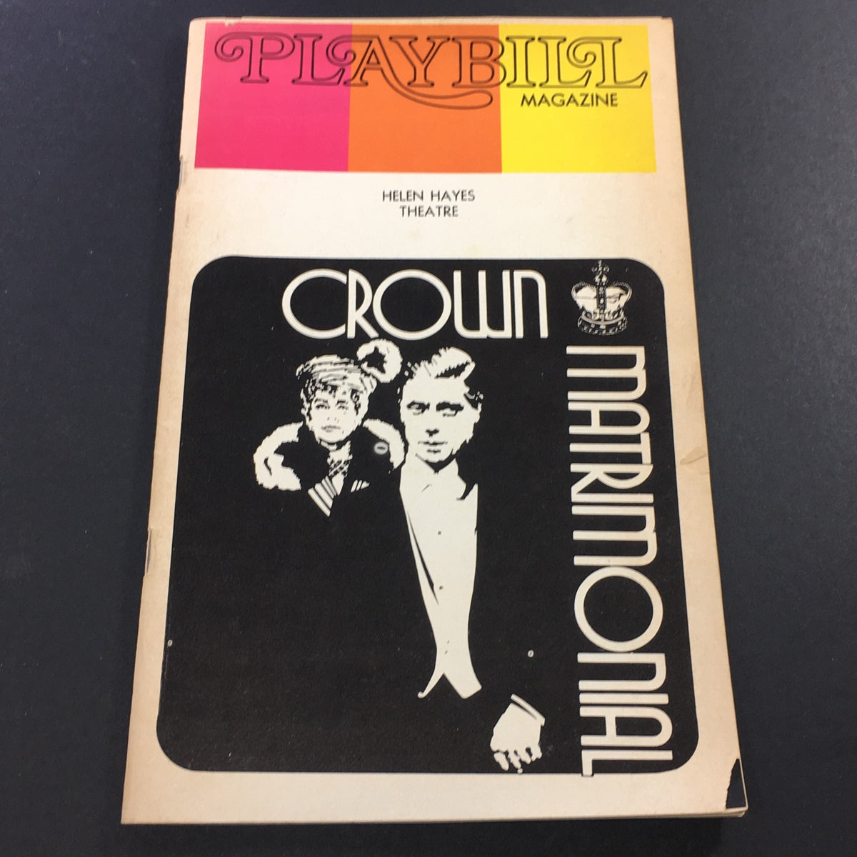 VTG Playbill November 1973 cover featuring Eileen Herlie and George Grizzard in 'CROWN matrimonial', showcasing a vintage theater program design.