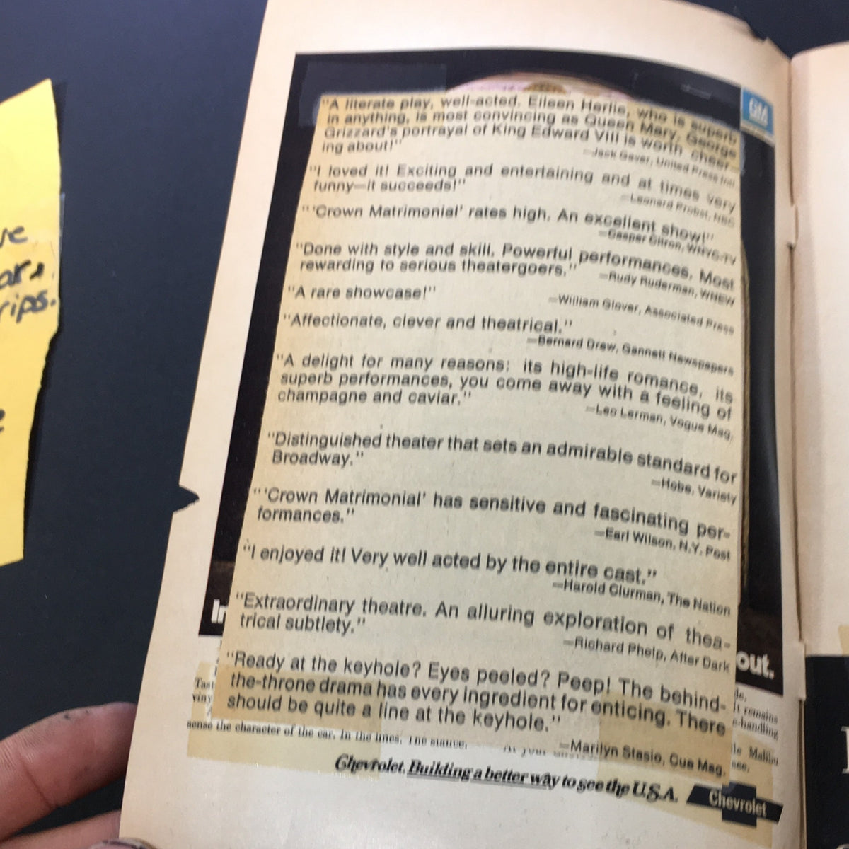 Interior page of the VTG Playbill from November 1973 for 'CROWN matrimonial', displaying reviews and highlights from notable critics.