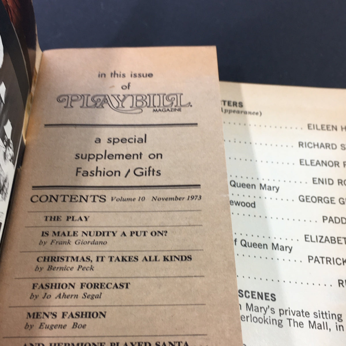 VTG Playbill November 1973 showing the contents page and details about the play and advertisements.