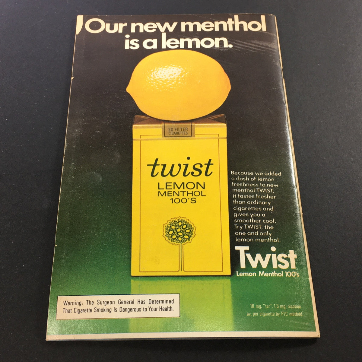 VTG Playbill November 1973 displaying an advertisement for Twist Lemon Menthol cigarettes with a bright lemon image.