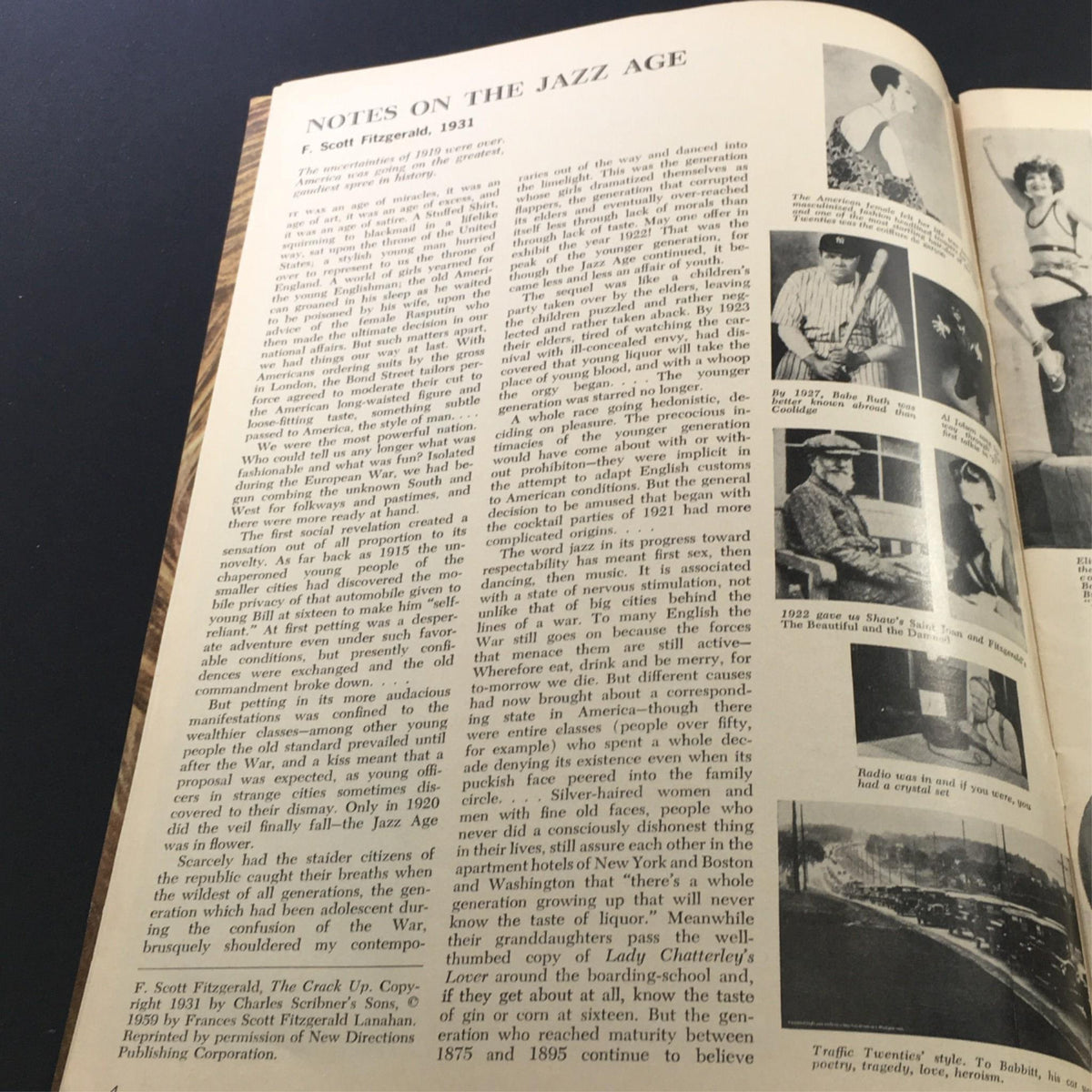 Interior page from the vintage 1969 Beggar on Horseback magazine by George S. Kaufman & Marc Connelly, featuring an article titled 'Notes on the Jazz Age' by F. Scott Fitzgerald, showcasing historical insights from the 1930s.