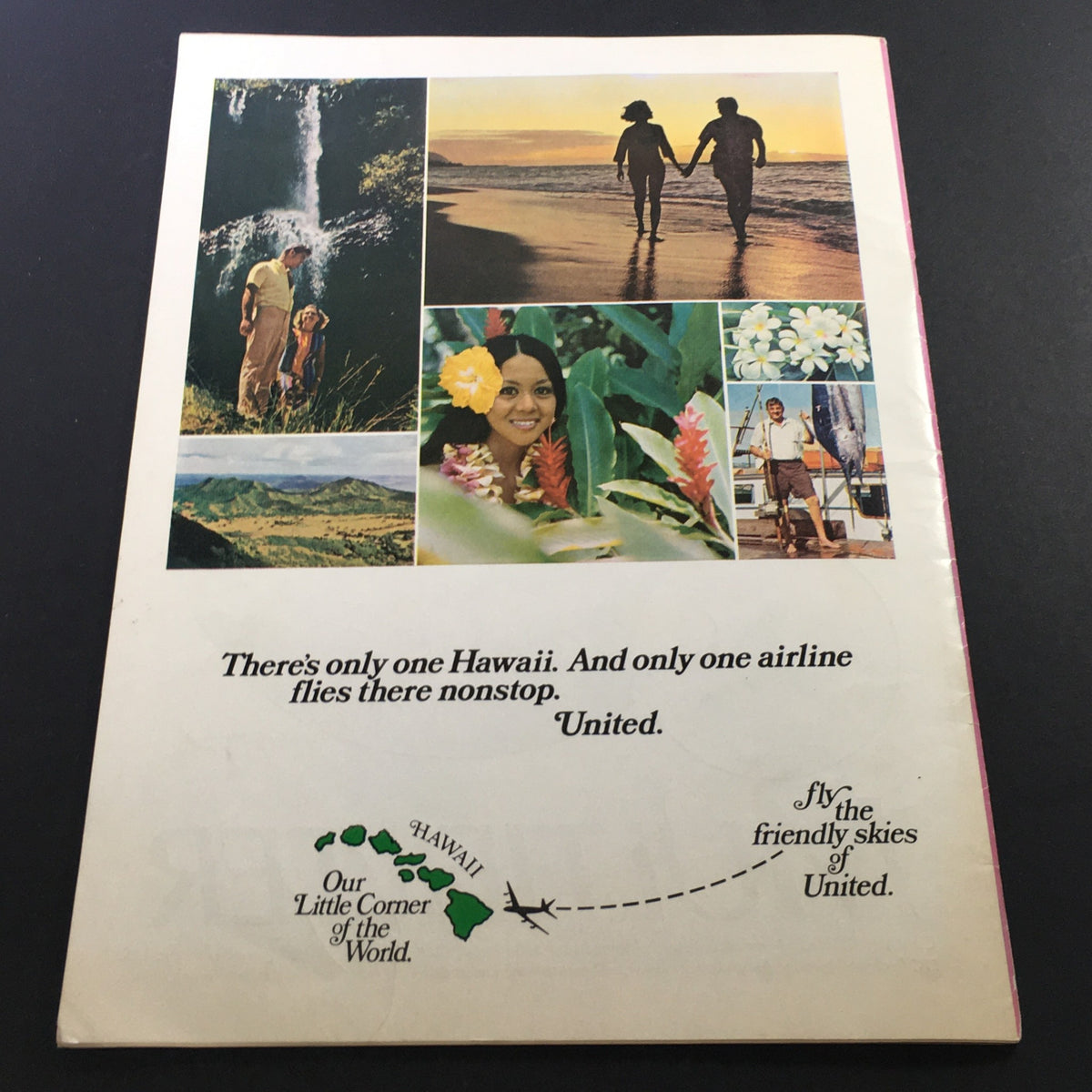 Cover of a vintage advertisement for United Airlines featuring scenic images of Hawaii, emphasizing travel and tourism.